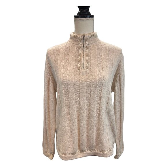 Woolrich Sweater Womens L Cream Wool Blend 1/4 Zip Textured Embroidered Pullover - Picture 1 of 9